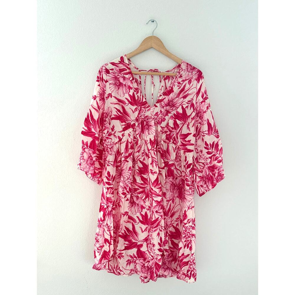 H&M Pink Tropical Botanical Floral Mini Dress Size L Resort Wear